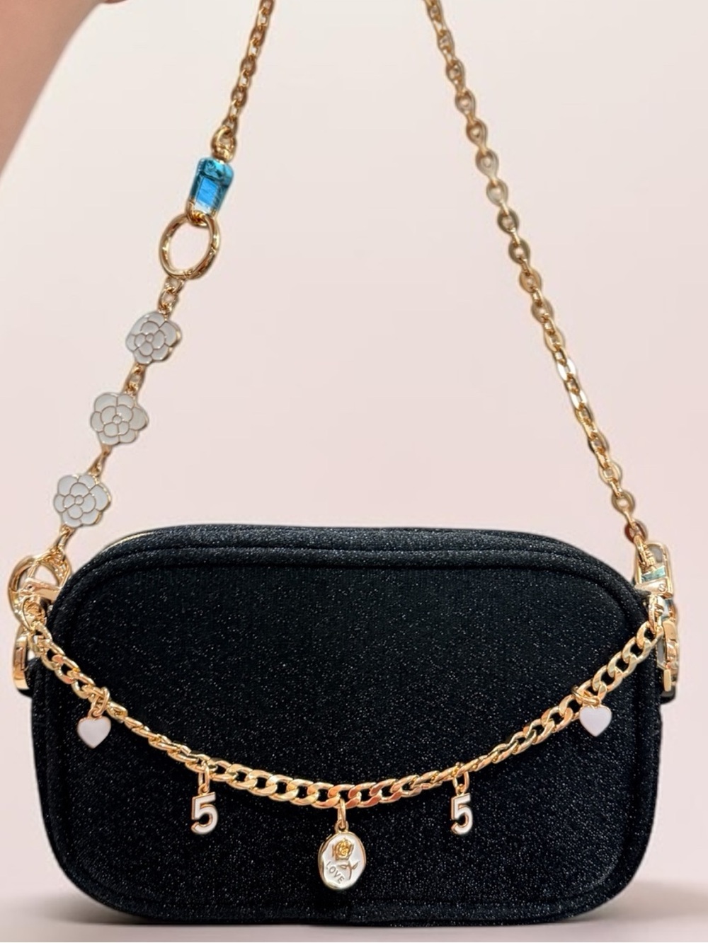 CHANEL Beauté Black Glitter Cosmetic Bag w/Gold Chain Strap + Camila detail NIB